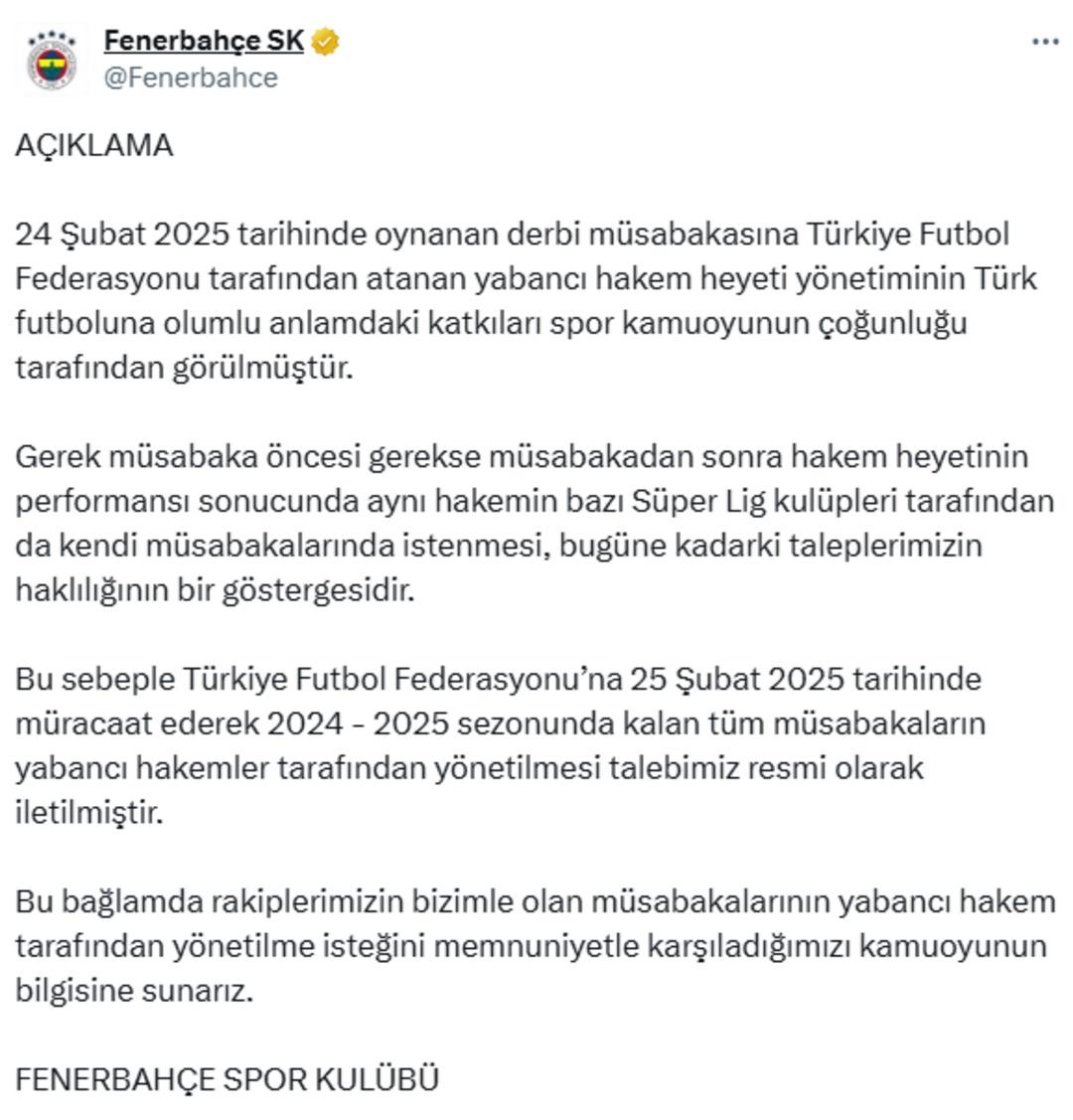 TFF ye başvurdular! Fenerbahçe den tüm maçlar için yabancı hakem talebi 2