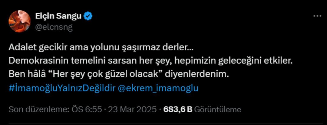 Elçin Sangu dan Ekrem İmamoğlu paylaşımı: Ben hâlâ “Her şey çok güzel olacak” diyenlerdenim 1