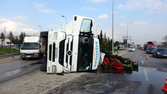 TIR devrilince dorsesindeki sebzeler yola saçıldı