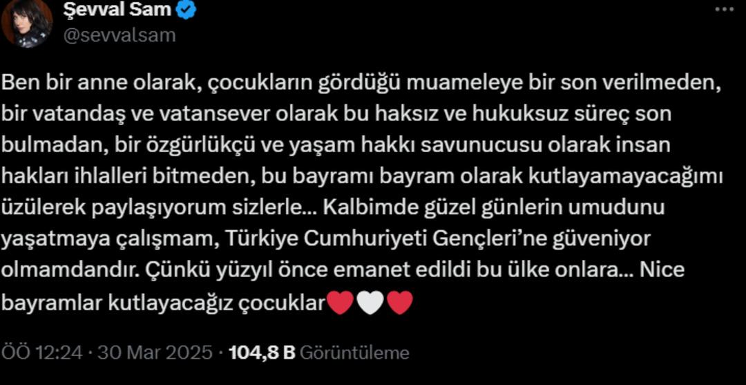 Şevval Sam "Bu bayramı bayram olarak kutlayamayacağımı üzülerek paylaşıyorum" diyerek isyan etti 1