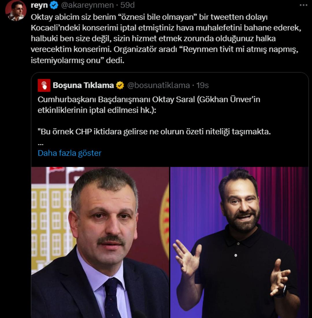 Cumhurbaşkanı Başdanışmanı Oktay Saral ın paylaşımını gören Reynmen dayanamadı: "Kocaeli’ndeki konserimi iptal etmiştiniz" 1