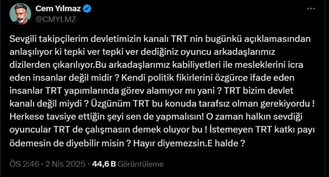 Aybüke Pusat TRT deki Teşkilat dizisinden kovuldu! İlk tepki Cem Yılmaz dan geldi: TRT bizim devlet kanalı değil miydi? 2