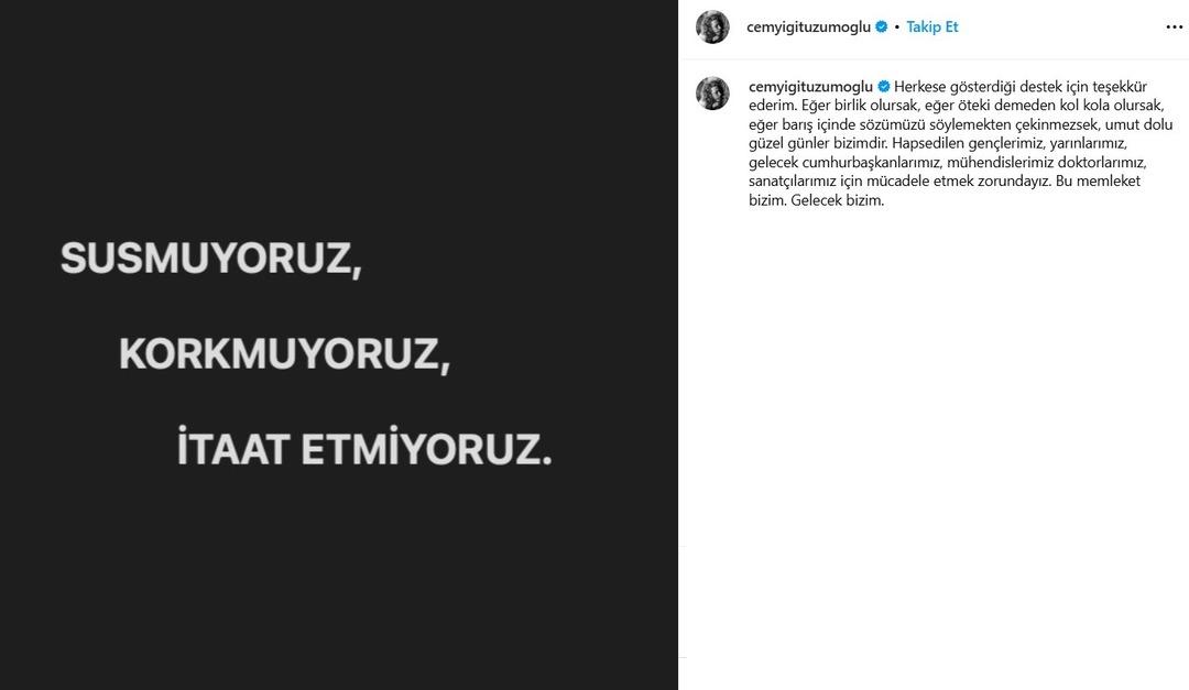 Adli kontrolle serbest bırakılmıştı! Şakir Paşa Ailesi nin başrolü Cem Yiğit Üzümoğlu gözaltı sonrası paylaştı!   İtaat etmiyoruz...   3