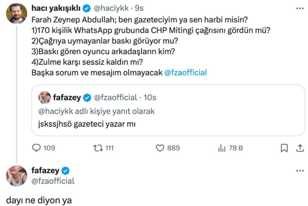 Gazeteci Hacı Yakışıklı nın  Cem Yiğit Üzümoğlu grup kurup oyuncuları yönlendiriyor  iddiasına Farah Zeynep Abdullah sessiz kalmadı!  Dayı ne diyorsun?  çıkışı gündemde  3