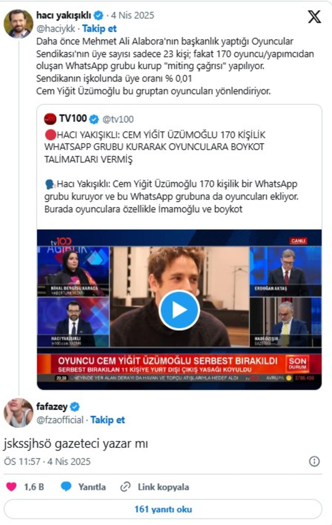 Gazeteci Hacı Yakışıklı nın  Cem Yiğit Üzümoğlu grup kurup oyuncuları yönlendiriyor  iddiasına Farah Zeynep Abdullah sessiz kalmadı!  Dayı ne diyorsun?  çıkışı gündemde  2