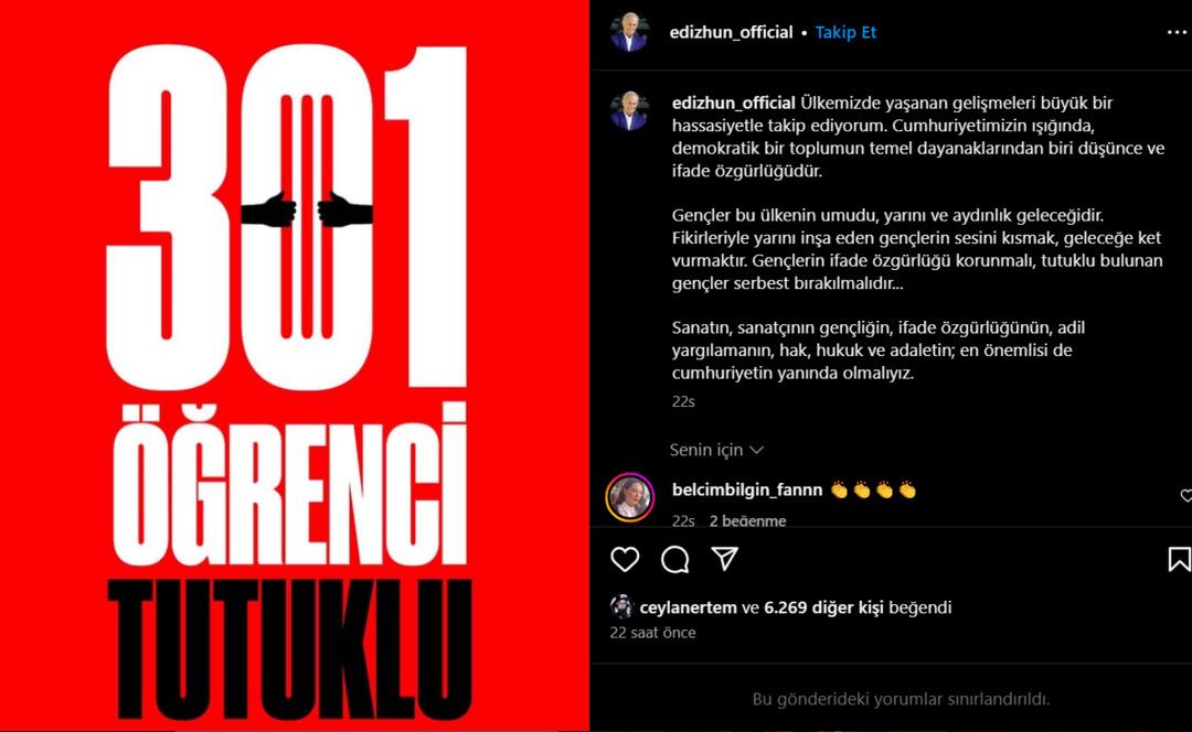 Yeşilçam ın usta oyuncusu Ediz Hun da isyan etti: Tutuklu bulunan gençler derhal serbest bırakılmalıdır! 2