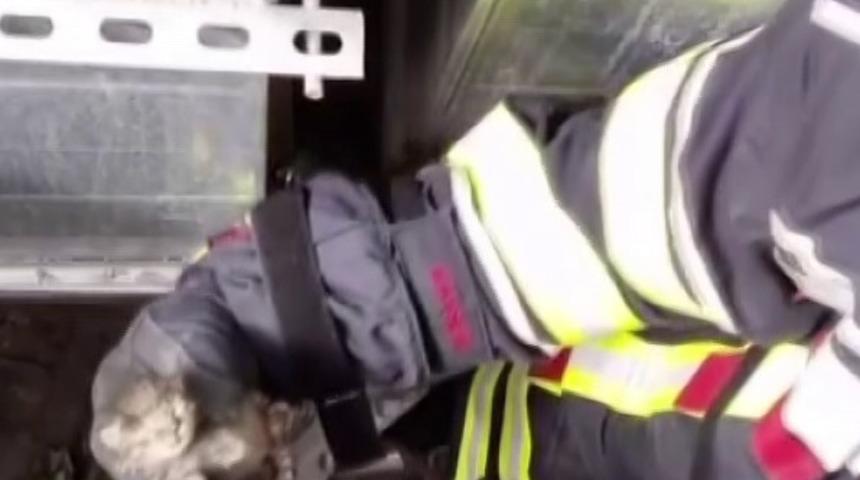 Havalandırma boşluğuna düşen kedinin yardımına itfaiye koştu