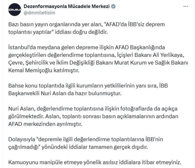 DMM: 'AFAD'da İBB'siz deprem toplantısı yaptılar' iddiası doğru değildir - Politika - Ankara - 
