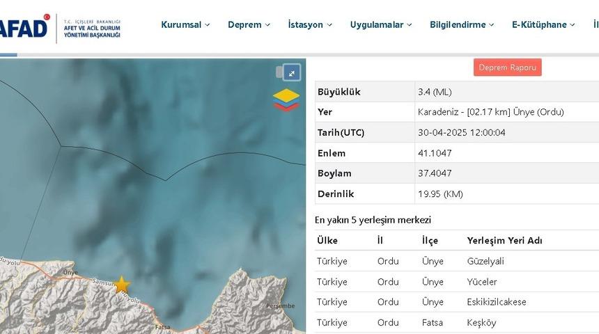 Ordu’da 3.4 büyüklüğünde deprem