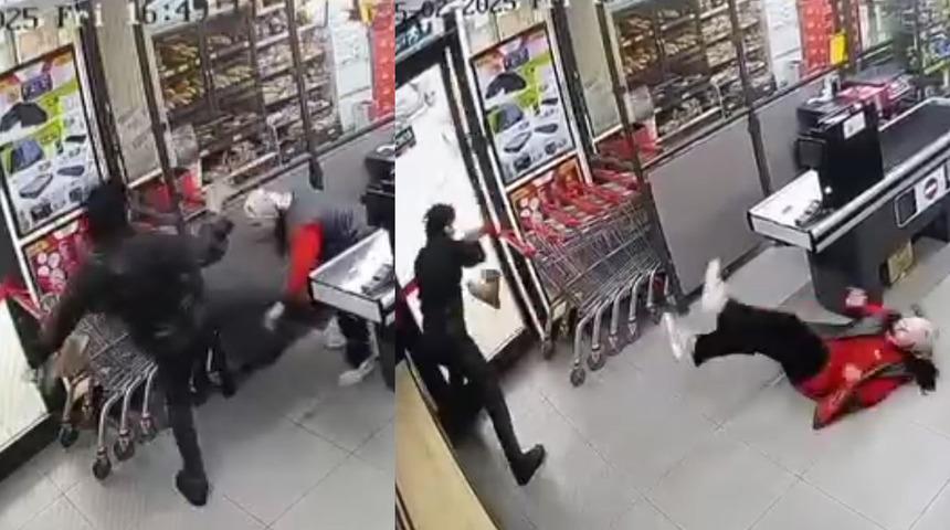 Markette korkunç olay! Kadın kasiyere önce tekme ardından yumruk attı