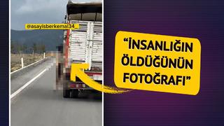 Köpeği boynundan iple kamyona asarak taşıdı!