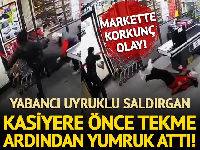 Markette korkunç olay! Kasiyere önce tekme ardından yumruk attı