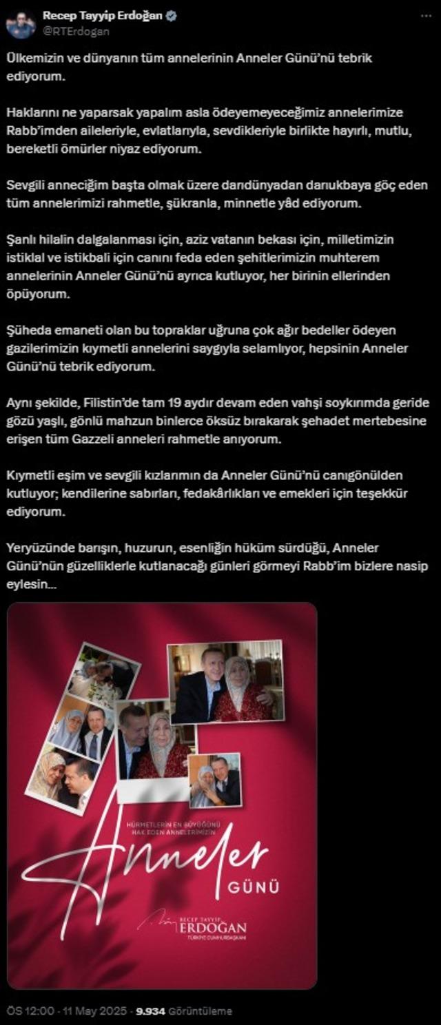 Cumhurbaşkanı Erdoğan dan Anneler Günü paylaşımı 2