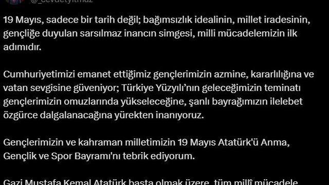 Cevdet Yılmaz'dan '19 Mayıs' mesajı