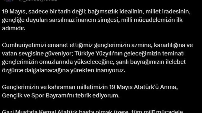 Cevdet Yılmaz'dan '19 Mayıs' mesajı