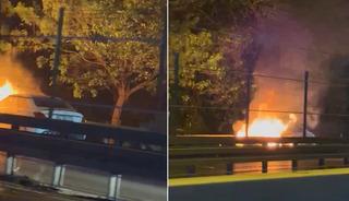 Mecidiyeköy'de otomobil alev alev yandı; D-100 karayolu trafiğe kapatıldı
