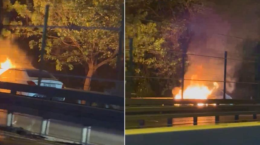 Mecidiyeköy'de otomobil alev alev yandı; D-100 karayolu trafiğe kapatıldı