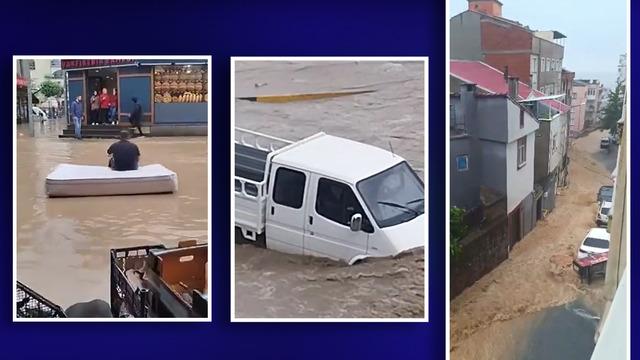 Çareyi yatakta buldu! Trabzon'da göle dönen sokakta ilginç görüntü: Arabaya biner gibi bindi... Araçlar mahsur kaldı, evleri su bastı: Bir vatandaş kayboldu