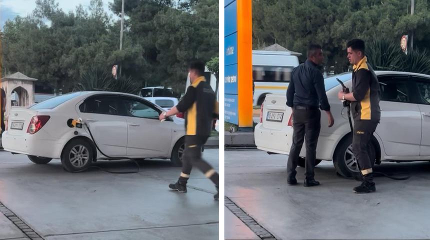 Büyük ihmal faciaya yol açıyordu! Benzin pompasını aracın üzerinde unuttu, yakıt hortumu koptu