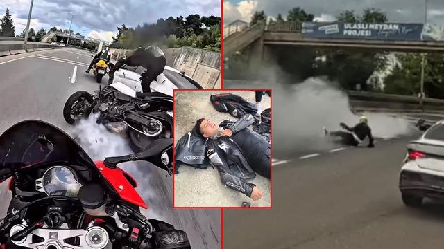 Feci kaza kask kamerasında: Rögardan sızan suya giren 3 motosikletli sürücü metrelerce savruldu!