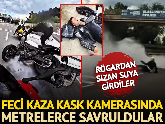 Feci kaza kask kamerasında: Rögardan sızan suya giren 3 motosikletli sürücü metrelerce savruldu!
