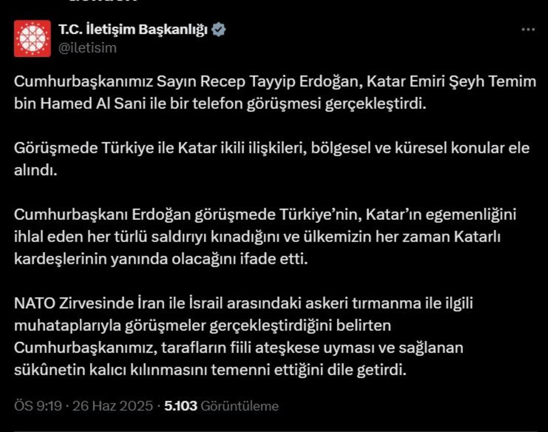 Cumhurbaşkanı Erdoğan Katar Emiri Al Sani ile telefonda görüştü 1