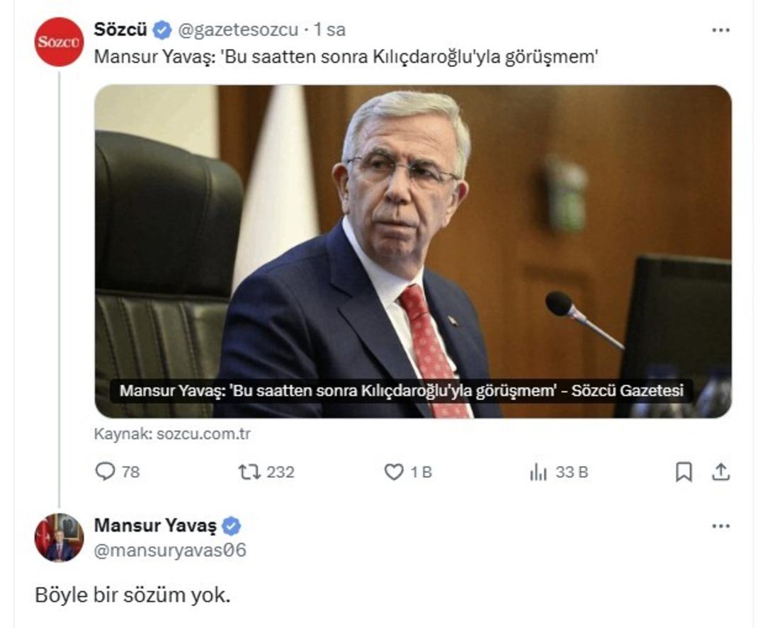 Mansur Yavaş, "Bu saatten sonra Kılıçdaroğlu yla görüşmem" ifadesini yalanladı: "Böyle bir sözüm yok" 2