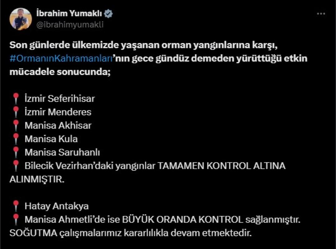 Bakan Yumaklı duyurdu! 6 bölgede yangınlar tamamen kontrol altına alındı... Kritik  1 hafta  uyarısı 1