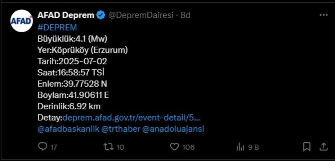 AFAD duyurdu! Erzurum da 4,1 büyüklüğünde deprem 1