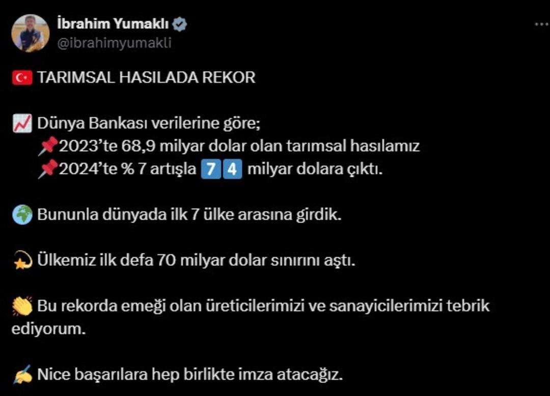 Bakan Yumaklı  Tarımsal hasılada rekor  diyerek duyurdu!  Dünyada ilk 7 ülke arasına girdik  1