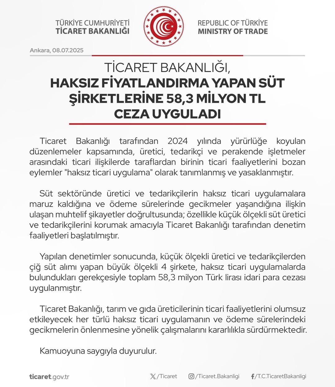 Bakanlık duyurdu! 4 büyük süt şirketine 58,3 milyon TL ceza 1