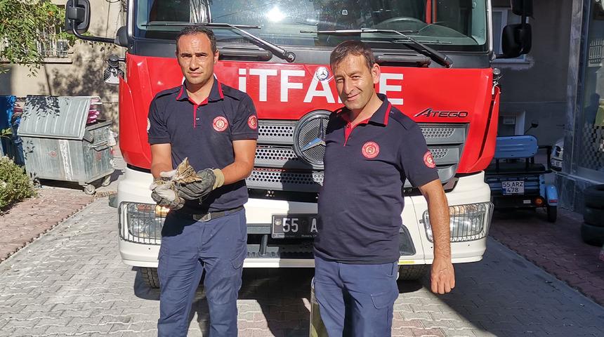 İtfaiye ekiplerinden yavru kedi kurtarma operasyonu