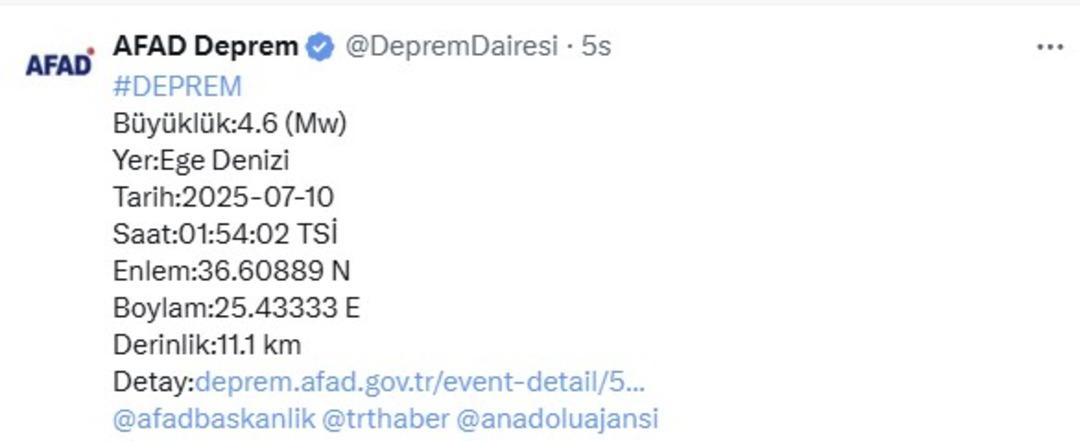 Ege Denizi nde gece yarısı korkutan deprem! 1