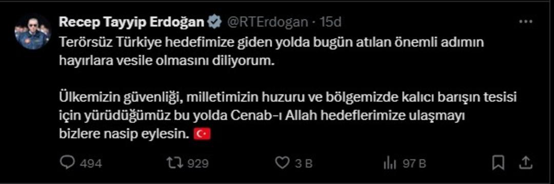 Terör örgütü PKK silah bıraktı! Cumhurbaşkanı Erdoğan dan ilk açıklama geldi: "Atılan önemli adımın hayırlara vesile olmasını diliyorum" 2