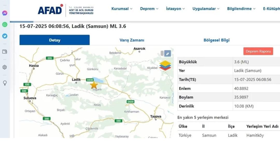 AFAD duyurdu: Samsun da korkutan deprem 1