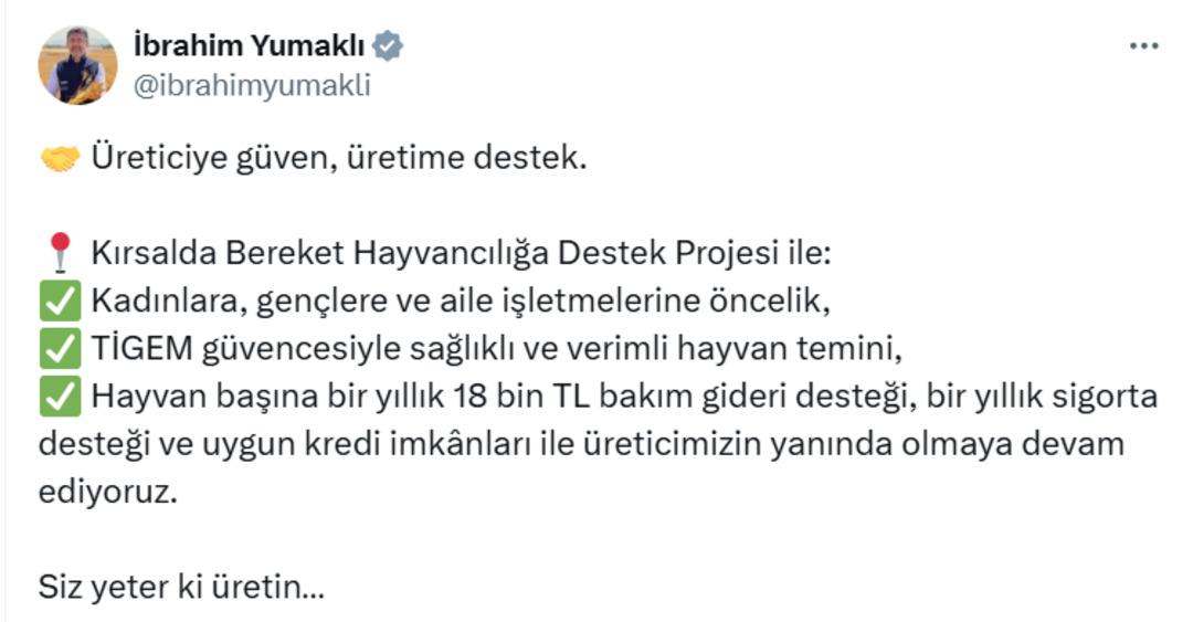 Bakan Yumaklı açıkladı! Üreticiye hayvan başına 18 bin lira destek 1