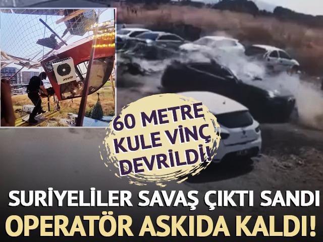 Kule vinç böyle devrildi, sahada çalışan Suriyeliler savaş çıktı zannetti