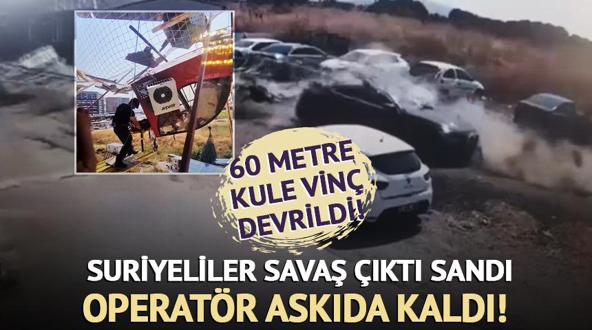 Kule vinç böyle devrildi, sahada çalışan Suriyeliler savaş çıktı zannetti