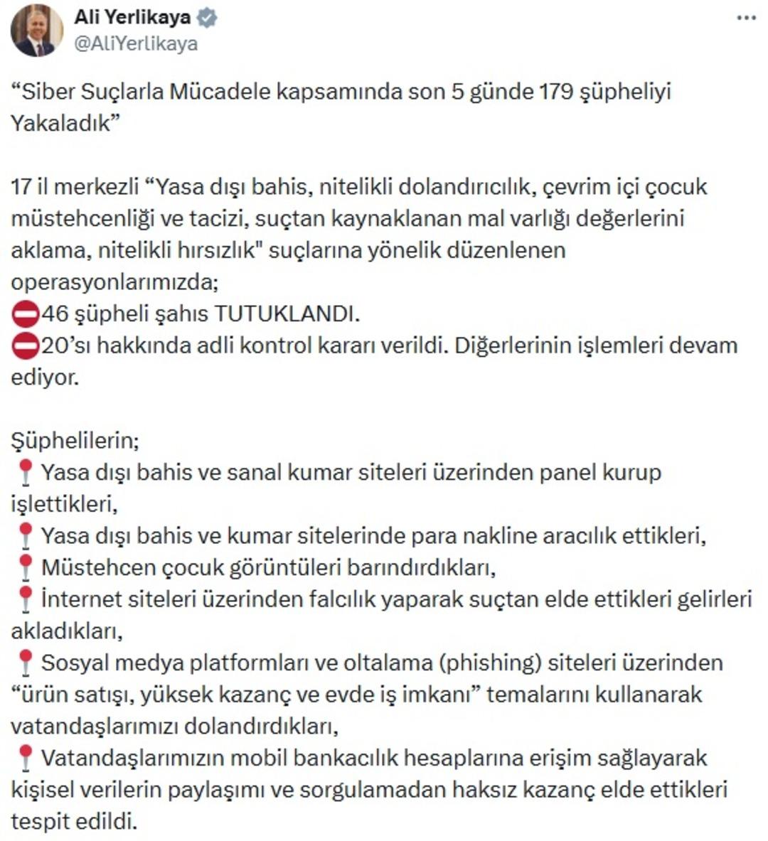 Bakan Yerlikaya duyurdu: 17 il merkezli dev siber suç operasyonunda 179 gözaltı! İşlemedikleri suç yok 1