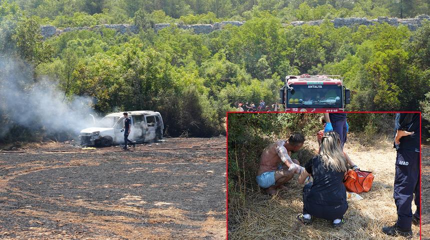 Antalya'da çıkan yangında alevler arasında kaldılar! Araç küle döndü, sürücüde ağır yanıklar oluştu