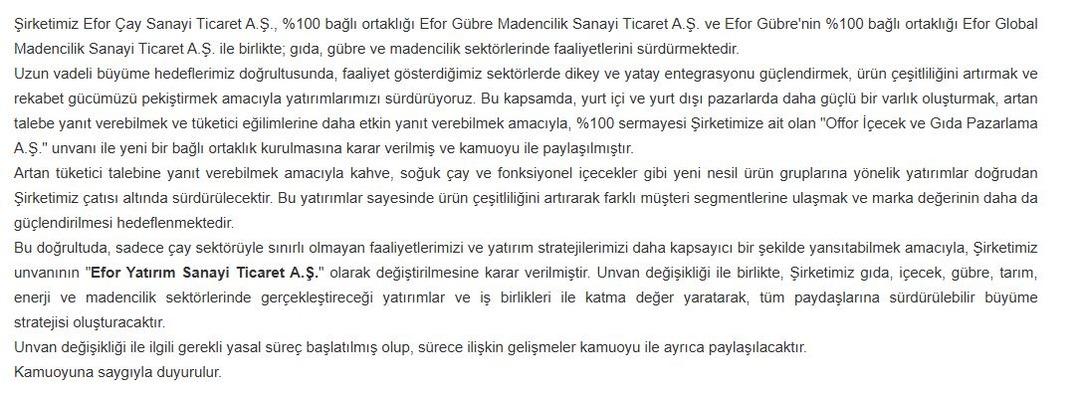 Efor Çay Sanayi unvan değişikliğini duyurdu! Nedeni açıklandı 2