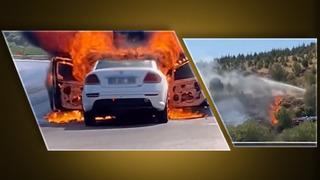 Yer: İzmir! Otoyolda araç yandı, alevler otluk alana sıçradı