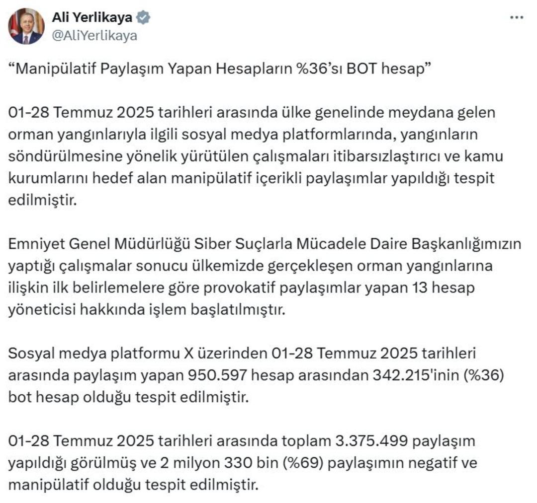 Bakan Yerlikaya: 13 yangın provokatörüne işlem yapılacak 1