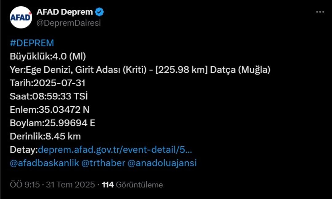 AFAD duyurdu! Ege Denizi nde 4 büyüklüğünde deprem 1