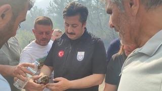 Yenişehir Belediye Başkanı Özel, yangından etkilenen kaplumbağaya suyla müdahale etti
