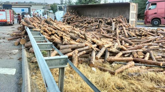 Yer: Amasya! Tomruk yüklü tır devrildi