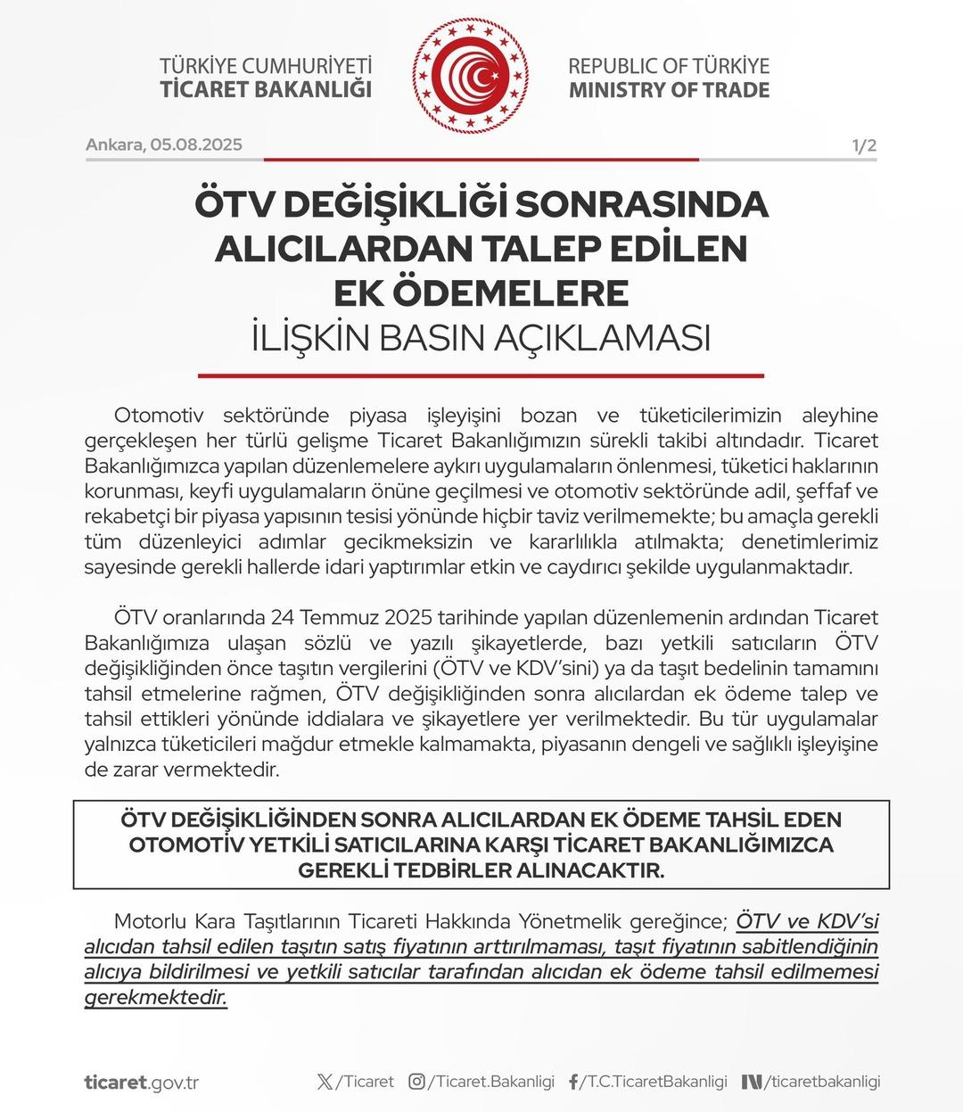 ÖTV değişikliği sonrası talep edilen ek ödemeler için Bakanlıktan açıklama!  Geçersizdir  1