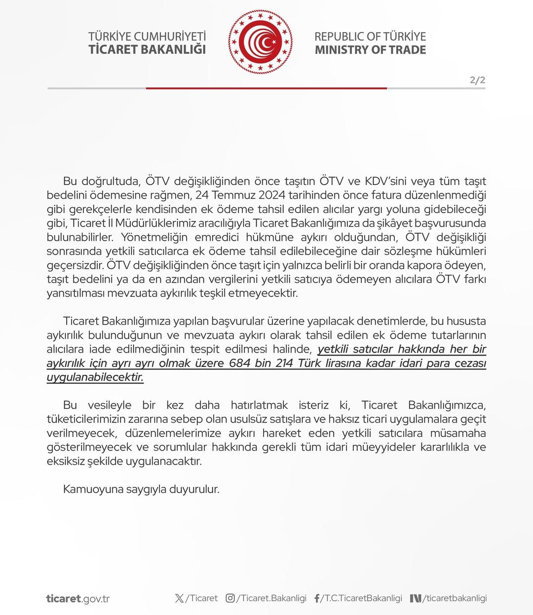 ÖTV değişikliği sonrası talep edilen ek ödemeler için Bakanlıktan açıklama! Geçersizdir 2