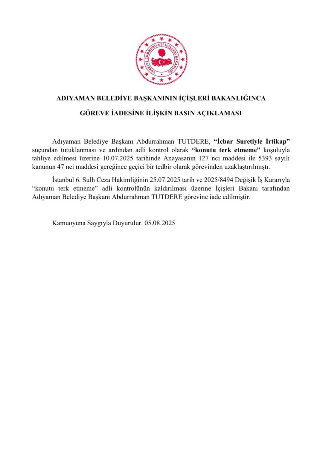 Son dakika! Adıyaman Belediye Başkanı Abdurrahman Tutdere görevine iade edildi 1