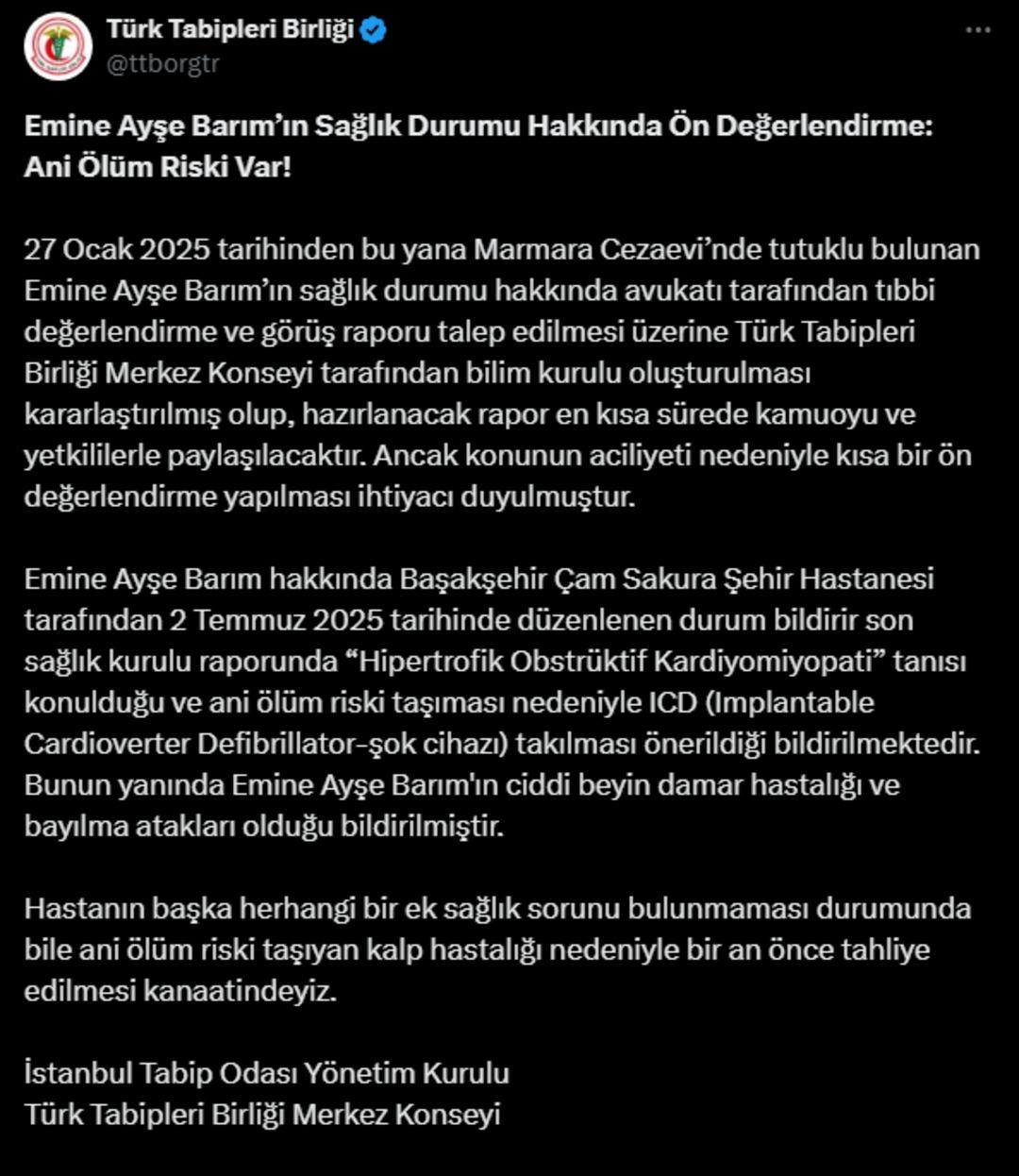 TTB den  Ayşe Barım  açıklaması! Ani ölüm riski olduğu vurgulandı: "Bir an önce tahliye edilmesi kanaatindeyiz" 3